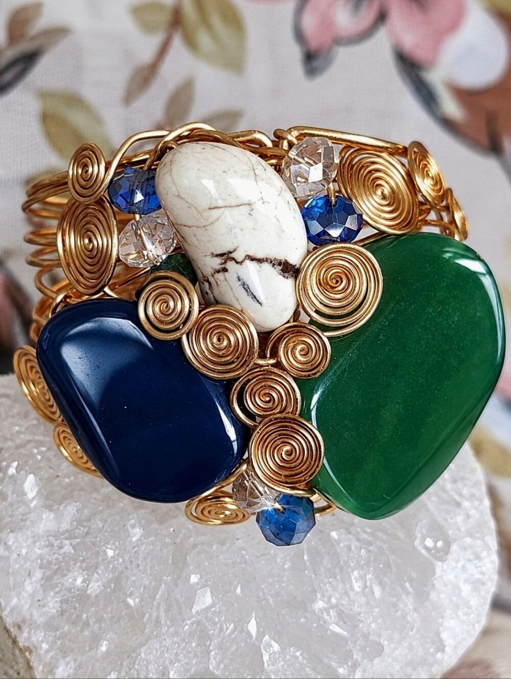Natural Stone Wire Wrapped Gold Tone Artisan Cuff Crystal Cuff Bracelet